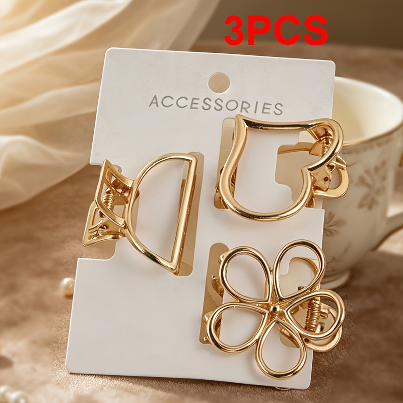 TEMU 3pcs Tempérament Élégant Métal Fleur Cœur Semi-Circulaire Creux Pince à Cheveux Femme Coiffure Quotidienne Clip Requin Demi Nœud Clip Haut