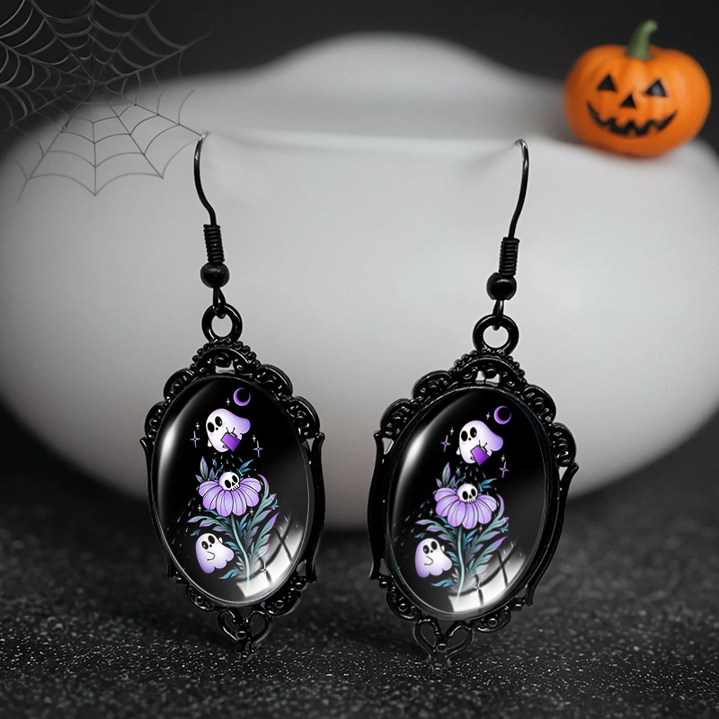 TEMU A Pair Of Cute Watering Flowers Black Lace Earrings Oval Drop Handmade Jewelry Gift, Without Battery
