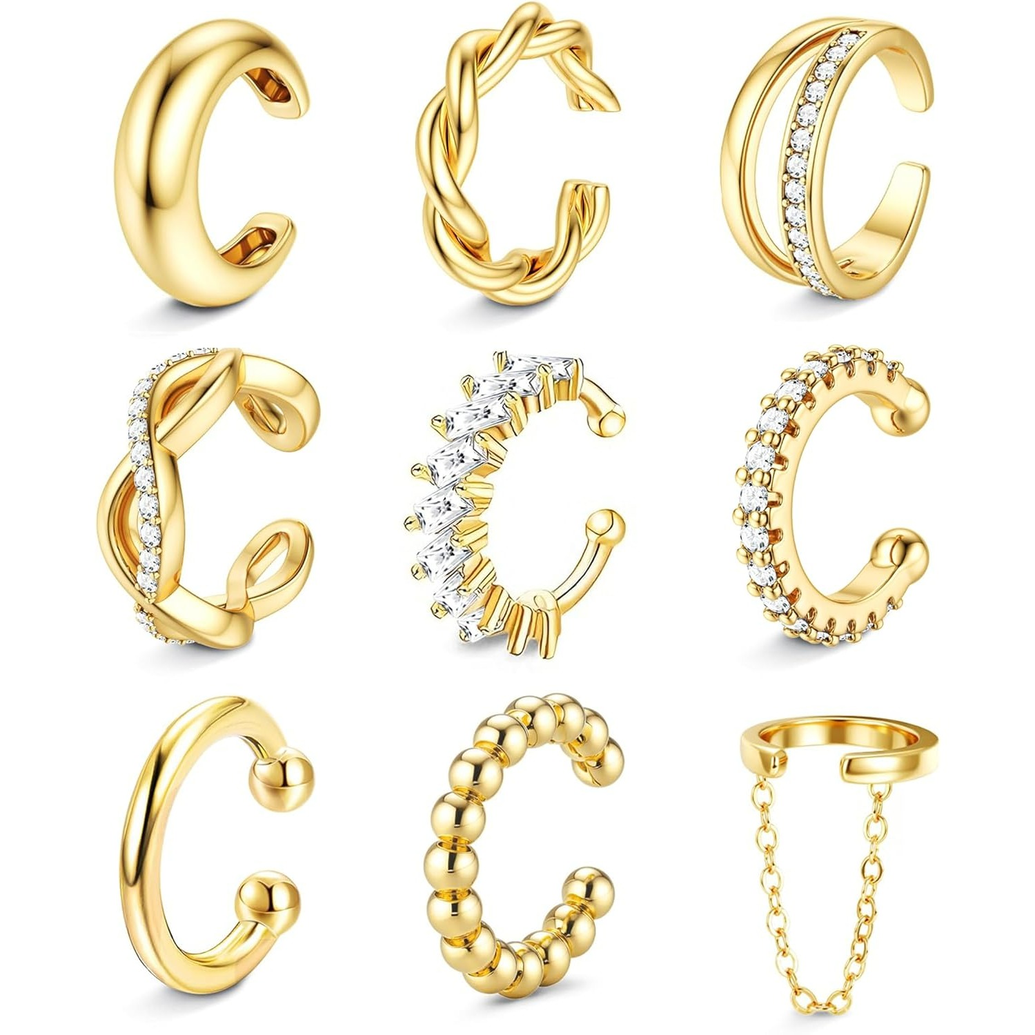 Image of Set Of 9 Ear Cuffs For Women, Designed To Be Non-piercing, Hypoallergenic, And Adjustable. Trendy Clip-on Cartilage Earrings Are Resistant To Tarnishing And Stacked For A Stylish Wrap-around Look