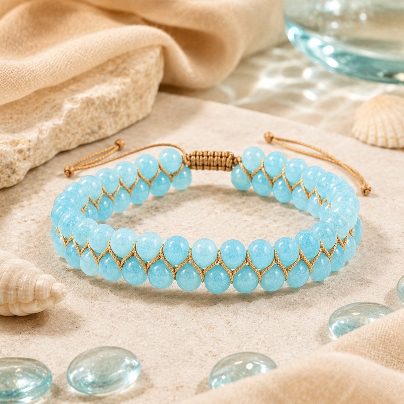 Ice Blue Natural Stone Double-Layer Woven Bracelet, Unisex