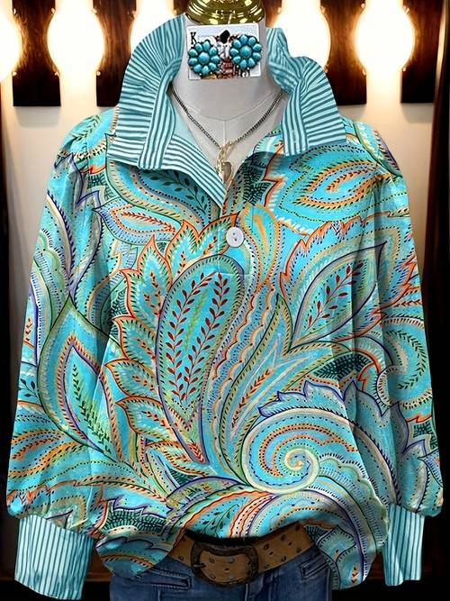 item picture bohemian style turquoise floral print striped top