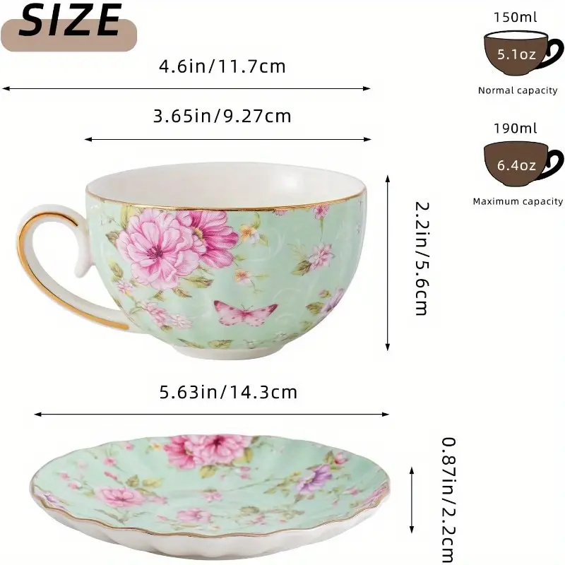 tea cup and saucers 6 4oz floral tea cups with porcelain bone china teacup coffee cappuccino espresso latte mugs for party birthday party christmas gift green Product details 1