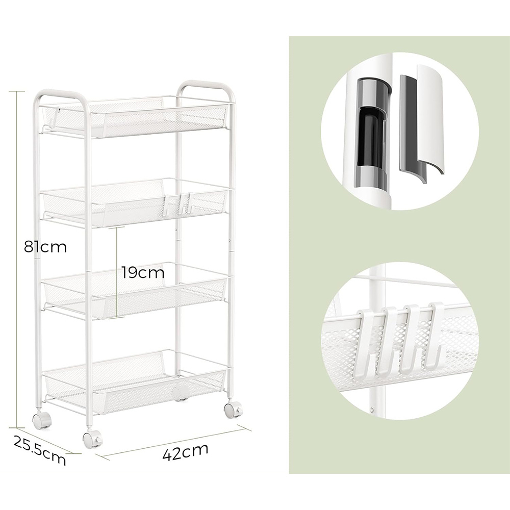 4-shelf Upright Storage Trolley | Carbon Steel, 4 Wheels & 2 Handles, Essential Organizer For Bedroom, Bathroom, Living Room & Kitchen - Multipurpose Use, Wall Mounting, No Golden Pipes, Utility Racks