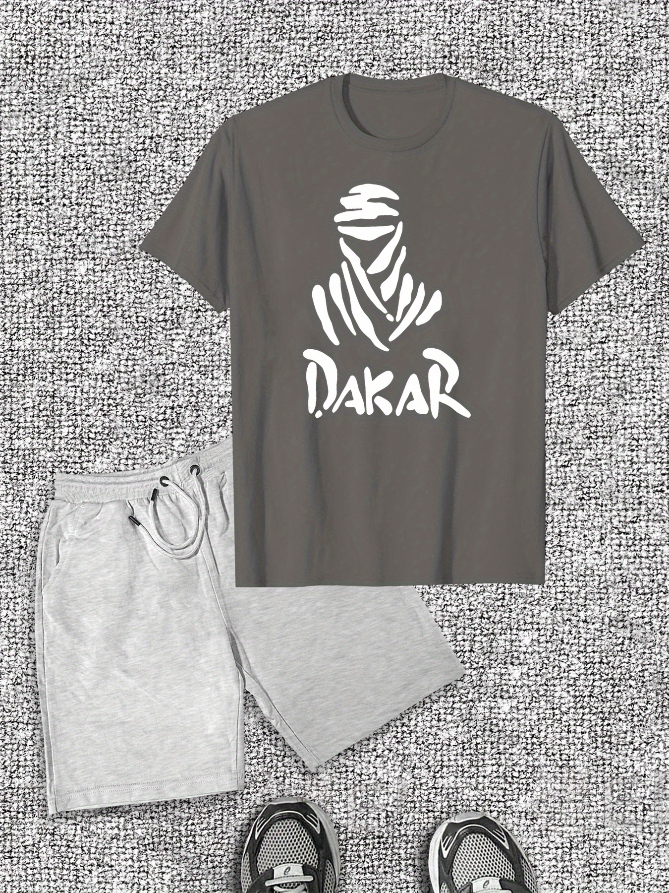 Men'S Casual Summer Shorts and T-Shirt Set, Solid Color, Cotton, Regular Fit, with Graphic Print Tee and Drawstring Shorts, for Casual Attir