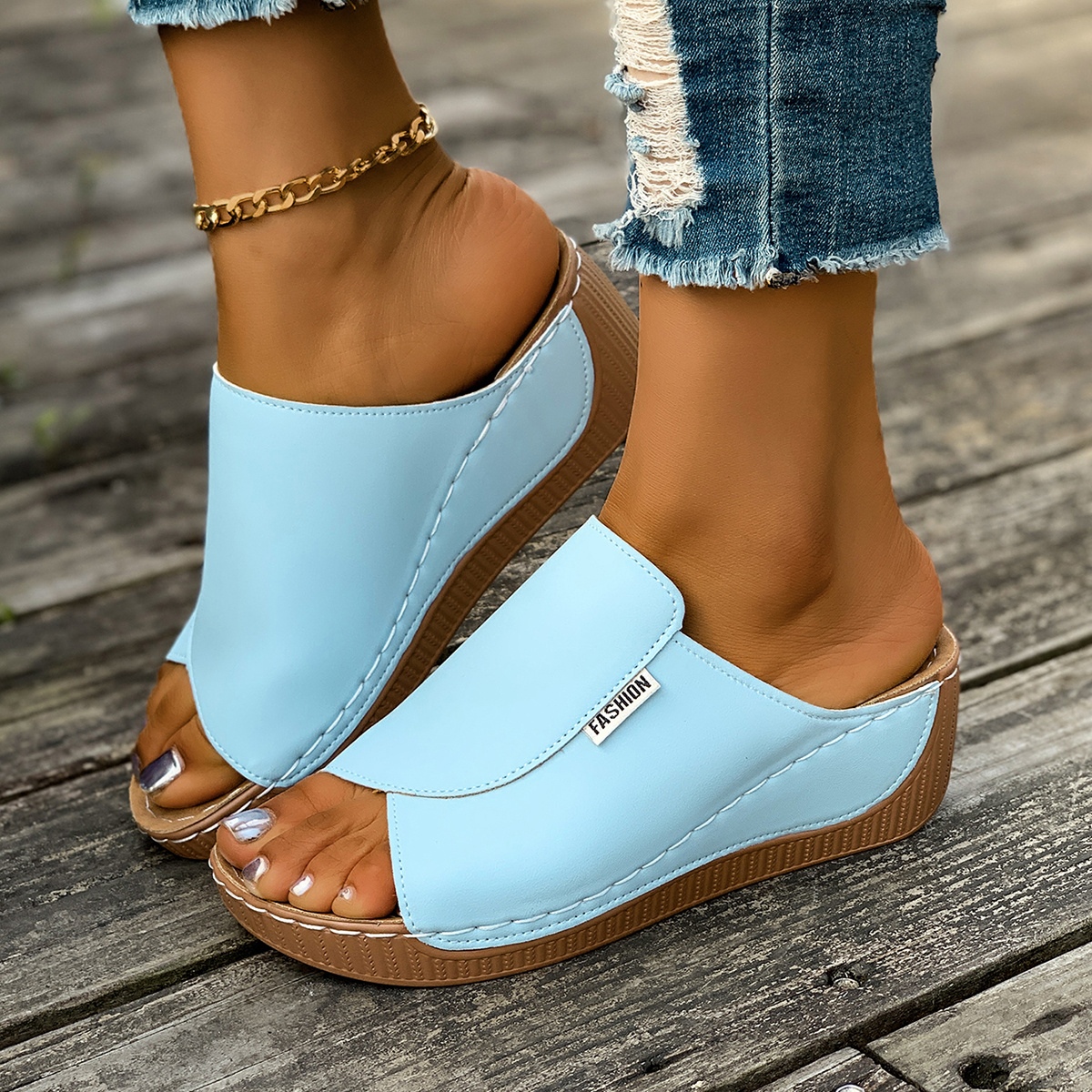 womens turquoise blue slip platform sandals wedge heel 2cm