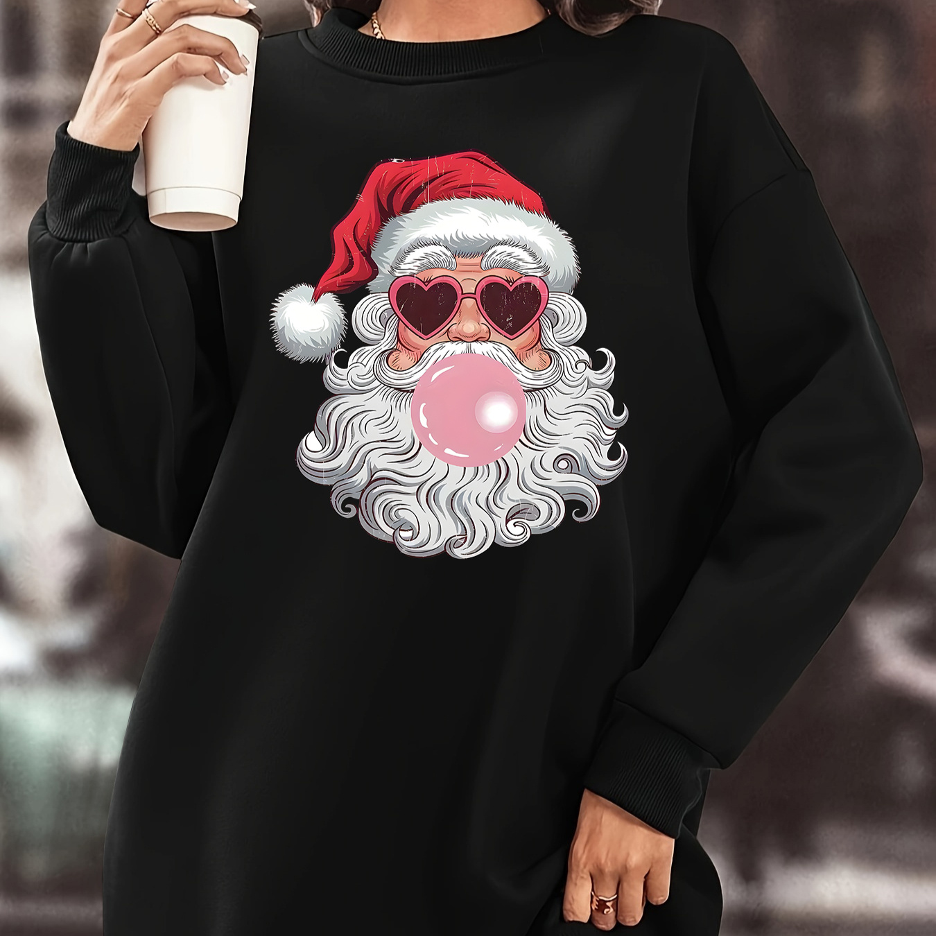 

Cozy Fleece Christmas Santa Print Dress - Long Sleeve, Crew Neck, Knee-length For Women | Elegant & Comfortable Holiday Wear