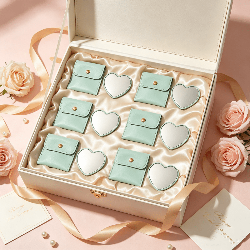 7pcs Green Heart-Shaped Portable Makeup Mirrors with Makeup Bags