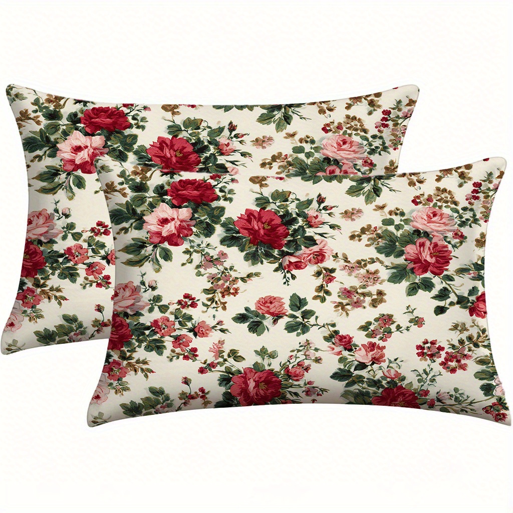 TEMU 2pcs- Floral Printed Polyester Pillowcase With Red And Pink Roses (pillow Core Not Included) Holiday Decoration Home Decor Sofa Pillow Cover,