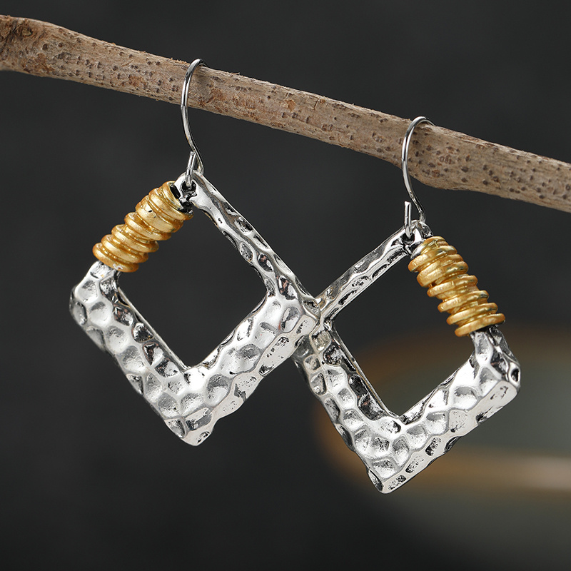 Hammered Textured Square Drop Earrings in Mixed Metal