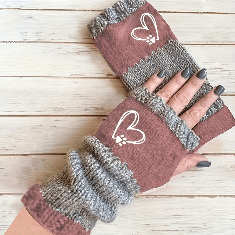 

Vintage Style Women's Knit With Heart & Paw Print Embroidery, Polyester 100% Warm Winter Gloves, Casual Weekend Hand Warmers, Hand Washable - Christmas Gift Idea