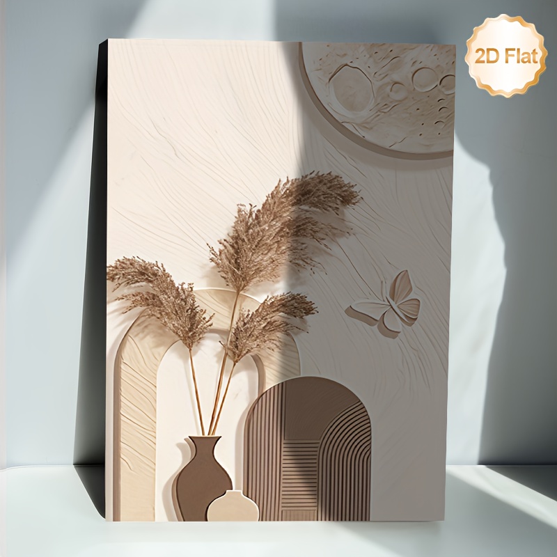 TEMU 2d Flat, 2d Flat, Bohemian Minimalist Framed Canvas - Reed Vase And Moon Painting Suitable For Living Room, Bedroom, Office Decor, Modern