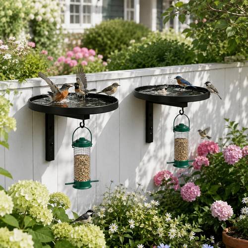 2 mounted bird bath and feeder outdoor metal bird water tray with hanging seed feeder wild bird feeder station for patio garden porch backyard bird watching bird bath bowl