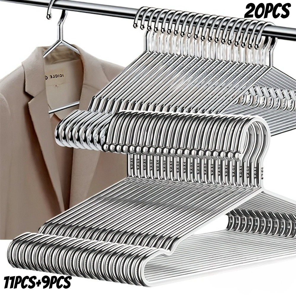 11+9pcs Stainless Steel Hangers Set, Heavy Duty Polished Clothes Hangers With 360° Rotating Hooks, Durable Stylish Closet Organizer For Home Dorm Bedroom Storage