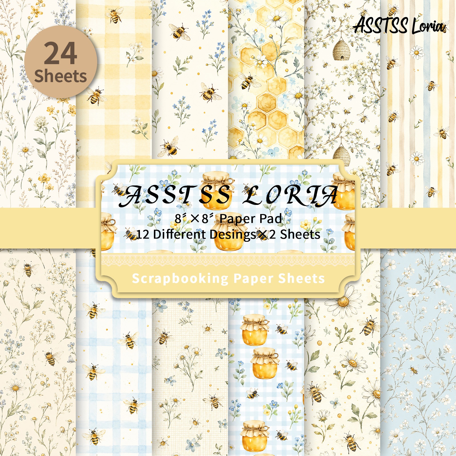 TEMU 24-sheet Asstss Loria 8x8 Inch Scrapbooking Paper Pad, Beekeeper Cottage Honeycomb Backing Paper Supplies, Heavyweight Cardstock For Journaling,