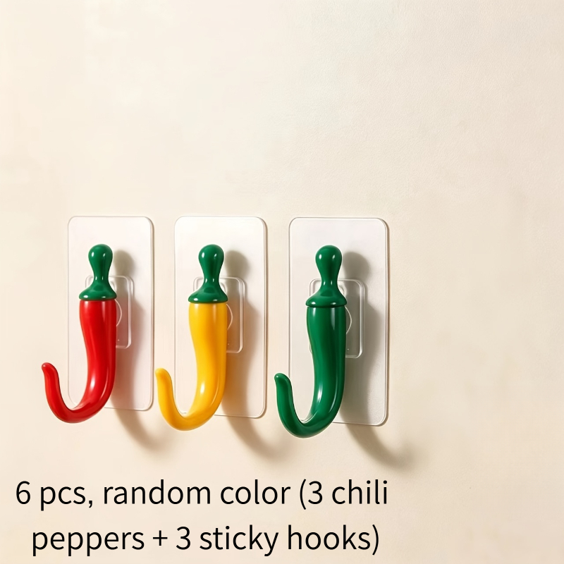 TEMU 3pcs Creative Small Chili Pepper No-drill Hooks, Random Colors, Strong Adhesive Entrance Key Kitchen Towel Wall Hanging Cute Adhesive Hooks,