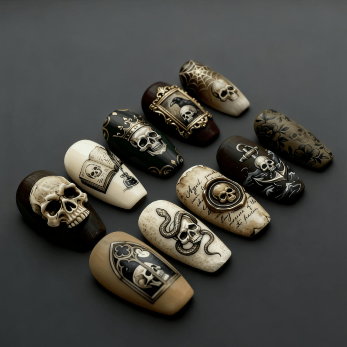 TEMU 10pcs Retro Gothic Mid-length Ballet Dark Halloween Wearable Nails, Snake Web Dark Pattern Rose Fake Nails, Detachable Fake Nails, Women's Nail