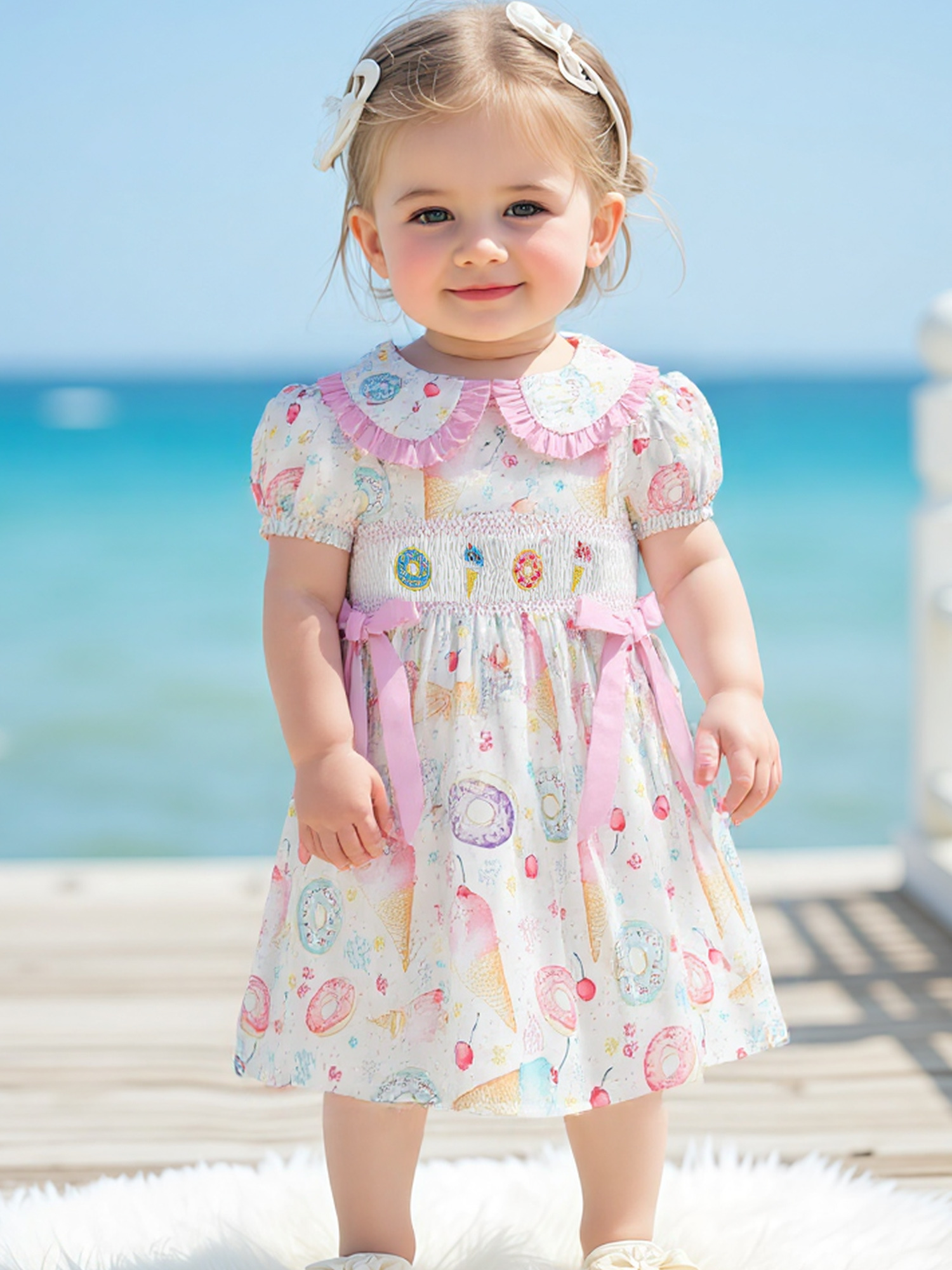 white christmas dresses Petit Bebe Girls Pink Check Smocked Ice Cream Cones Dress with Collar 3T