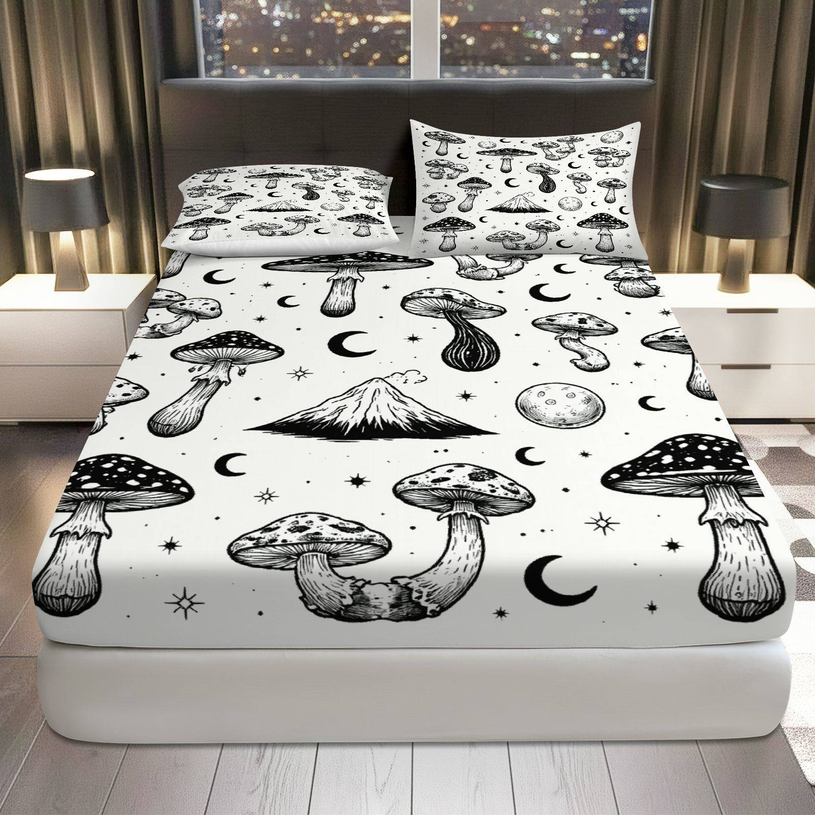 3pcs mushroom star moon fitted sheet set 1 fitted sheet 2 pillowcases   halloween theme nature inspired soft breathable polyester bedding   use