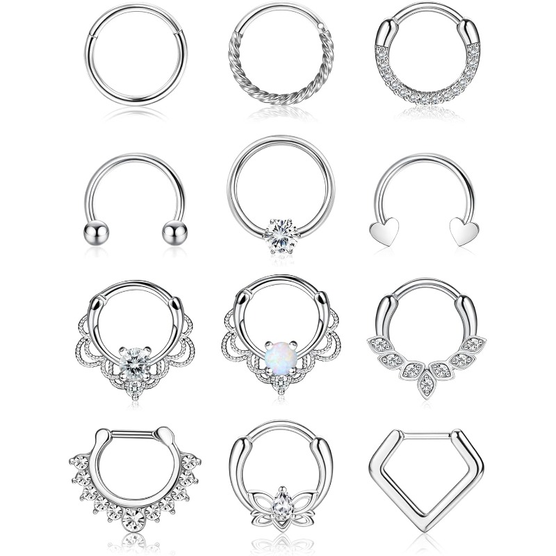 Image of 12pcs 16g Septum Rings For Women Men Hypoallergenic Surgical Steel Nose Piercings Jewelry Clicker Hinged Tragus Hoop Earrings Cz Love Nose Ring 8-10mm