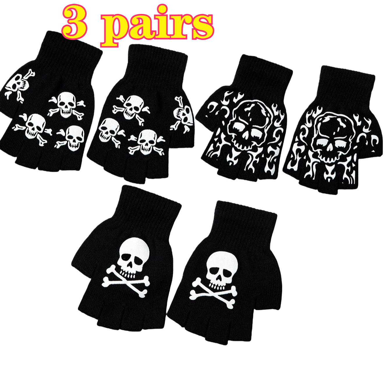 TEMU 3 Pairs Gothic Skeleton Palm Print Gloves - Breathable Half-finger Punk Costume Gloves Suitable For Halloween, Themed Parties, Role-play & Wear,