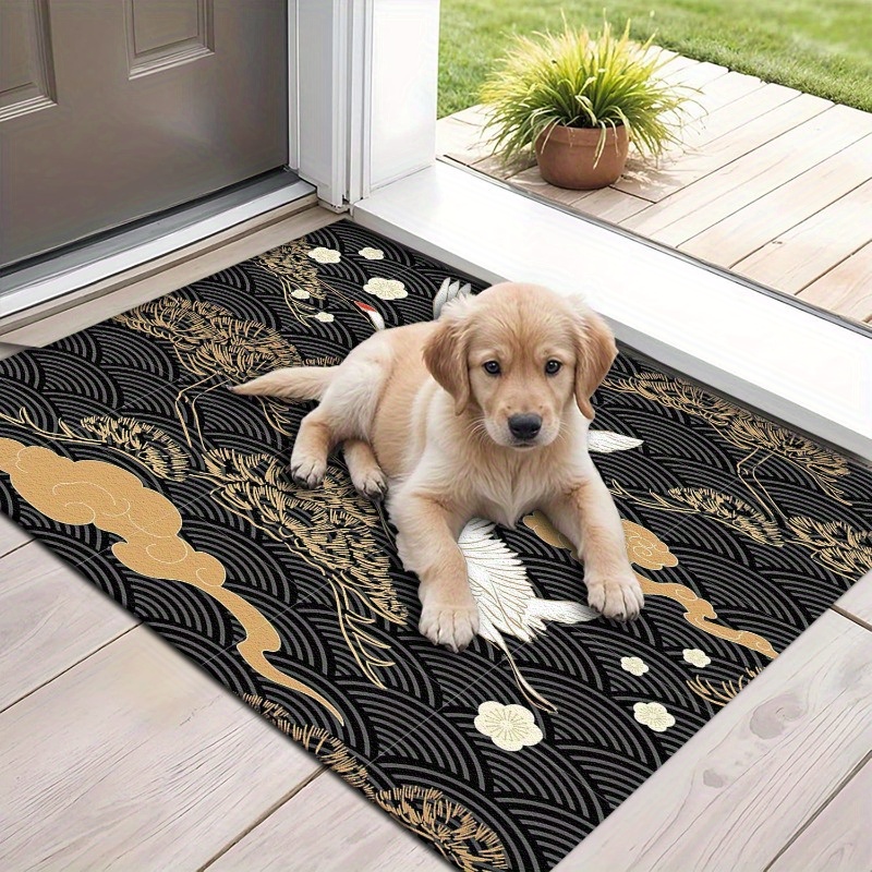 1pc Japanese Traditional Style Black Door Mat Durable Polyester  Welcome Mat for Indoor/Outdoor Use, Machine Washable, Rectangular Flo
