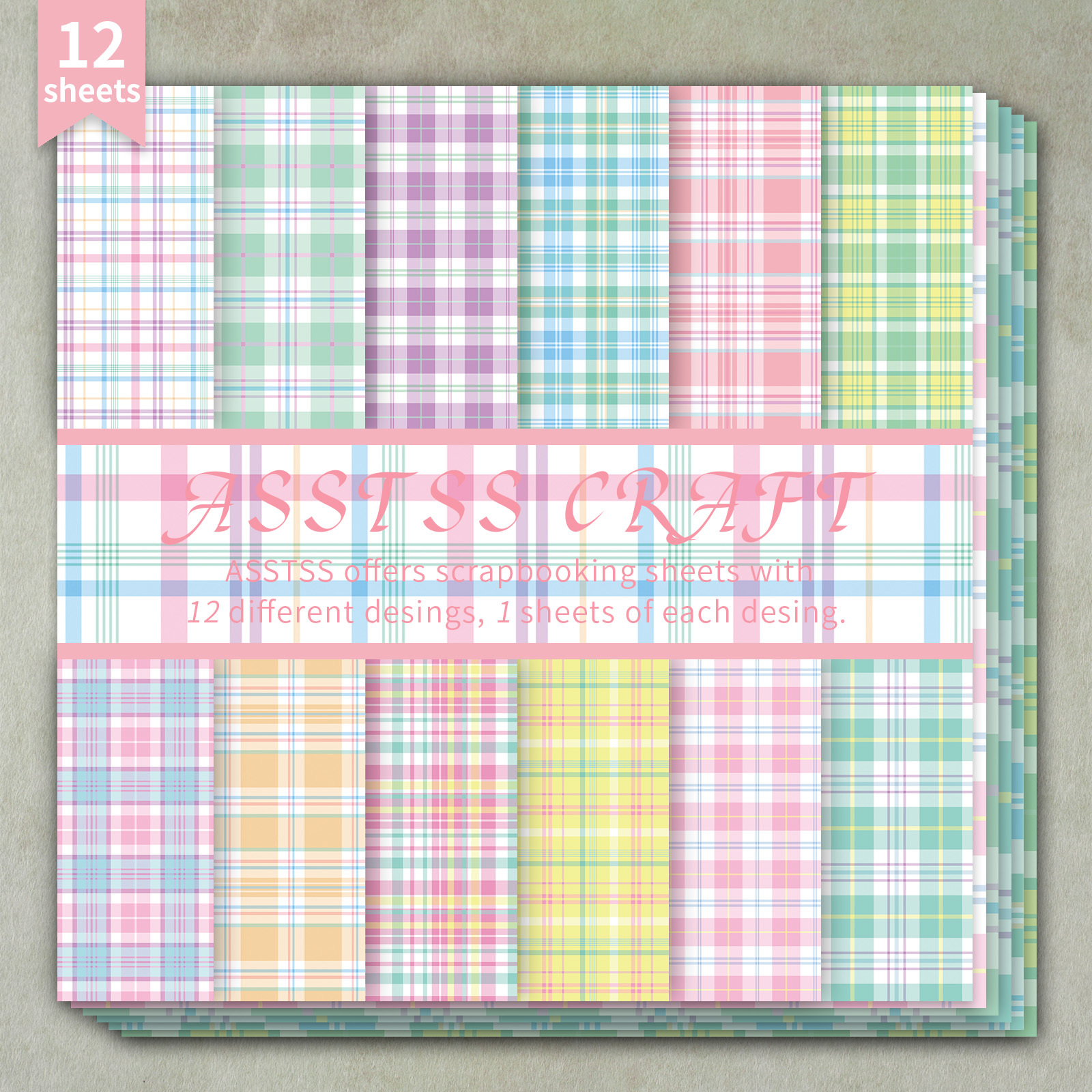 TEMU 12-sheet Asstss Heavyweight Scrapbooking Paper Pad Suitable For Journaling, Collage Art & Crafts - 6"x6" Macaron Plaid & Floral Cardstock Sheets