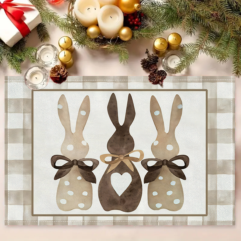 

1/4/6/8/12pcs Bunny Themed Polyester Placemats Set, Machine Made, Heat Resistant, Machine Washable, With For Home & Kitchen Use, Easter Holiday Seasonal Table Decor