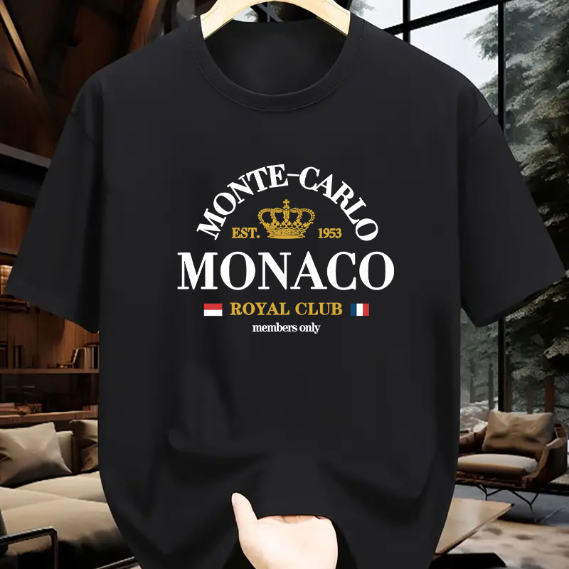 

Men's Monaco Print T-shirt, Casual Crew Neck Polyester Tee, Stretch Knit Fabric, Summer Fashion Top, Regular Fit - 180gsm