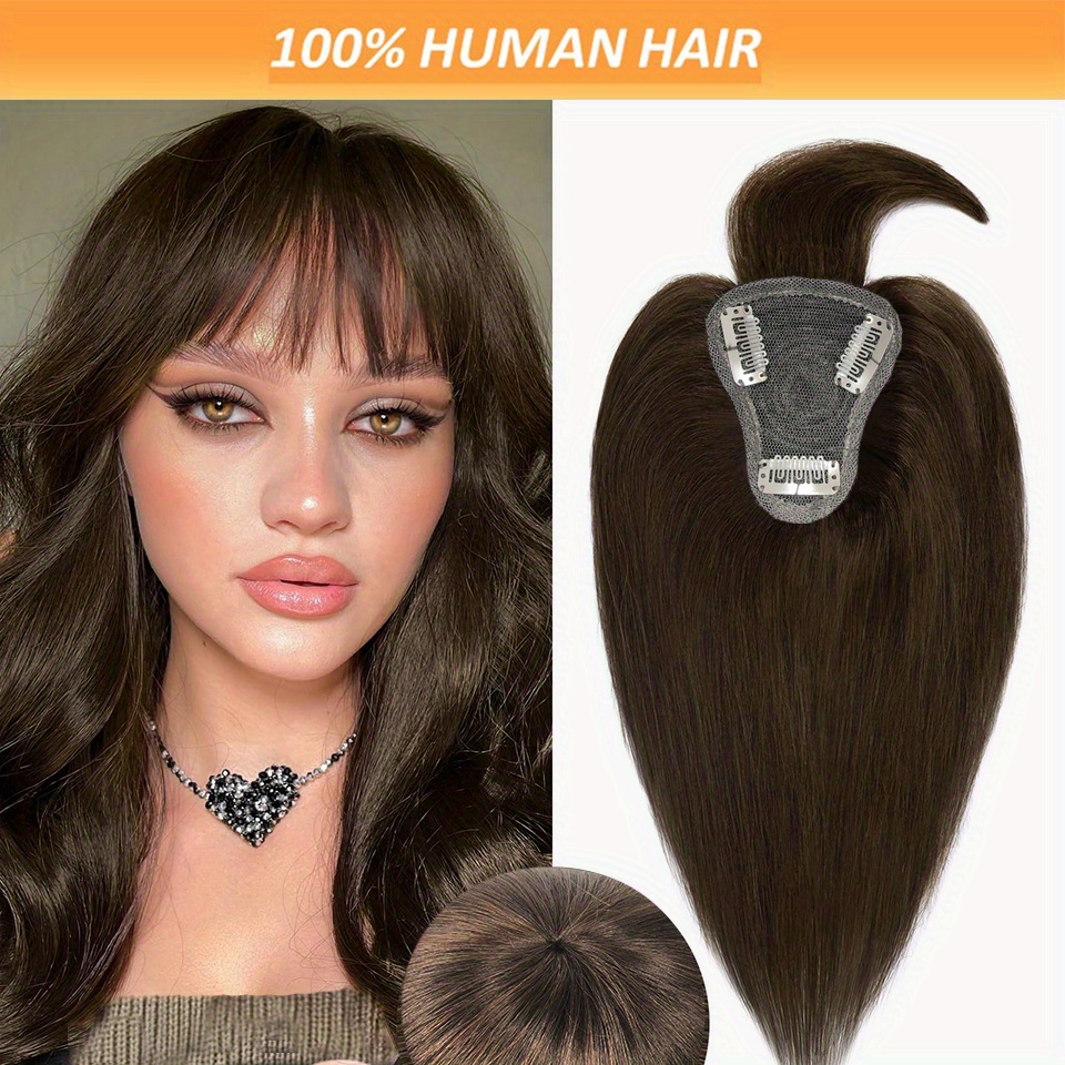   2 dark brown straight human hair topper with bangs for women real human hair toppers for thin hair 8inch 10inch hairpieces details 0