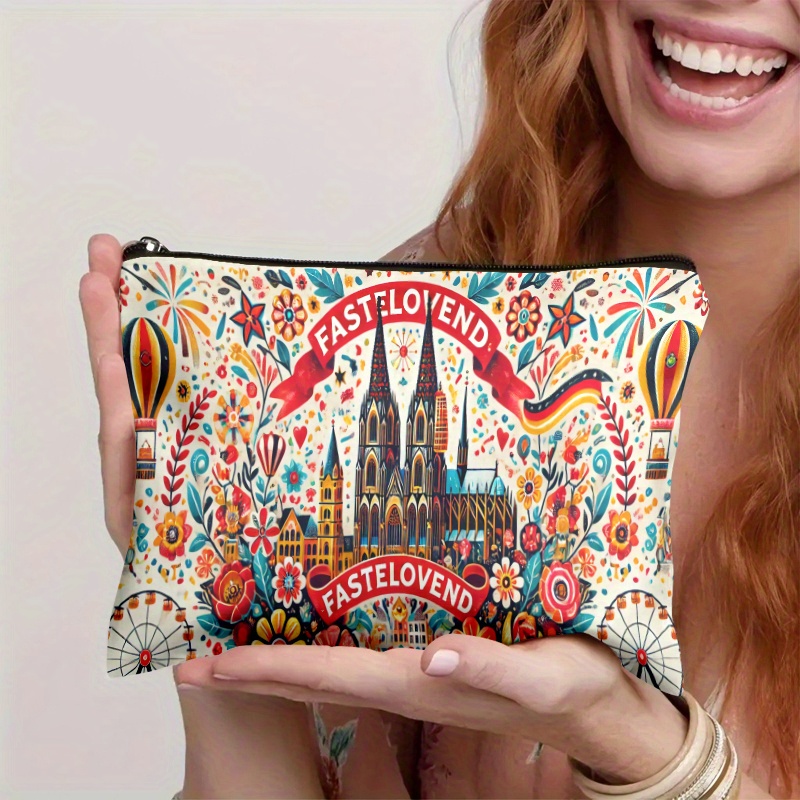 Image of Handbag 1pc, Cologne Pattern, Lightweight, Stylish Zippered Cosmetic Bag, Suitable For Travel And Daily Use Multifunctional Storage Bag For Stationery, Medicine And Accessories For Gifts