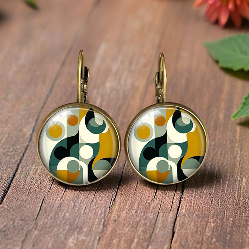 Image of Geometric Color Block Cat Minimalist Style Glass Circular Earrings Fashionable Jewelry Gift