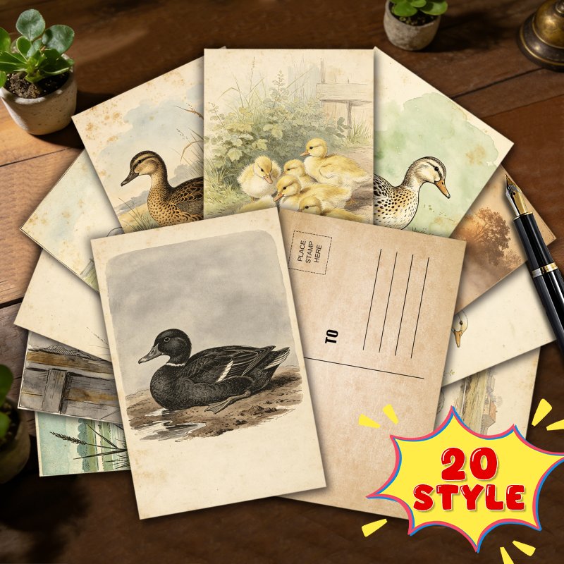 TEMU 20pcs Vintage Watercolor Painting Farm Duck Postcards Set, Collectible Decor Cards For Scrapbooking And Crafting, For Collection And Luxury