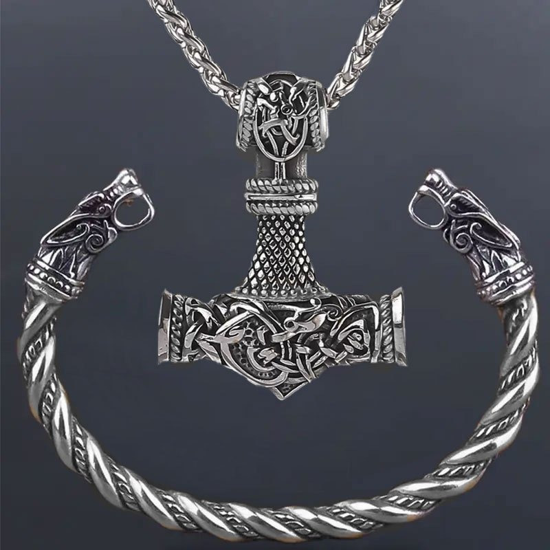 TEMU Ensemble 2pcs Collier Marteau Rétro et Bracelet pour Hommes, Collier Pendentif Marteau de Vent Norvégien Nordique pour Femmes, Ajouts de Punk