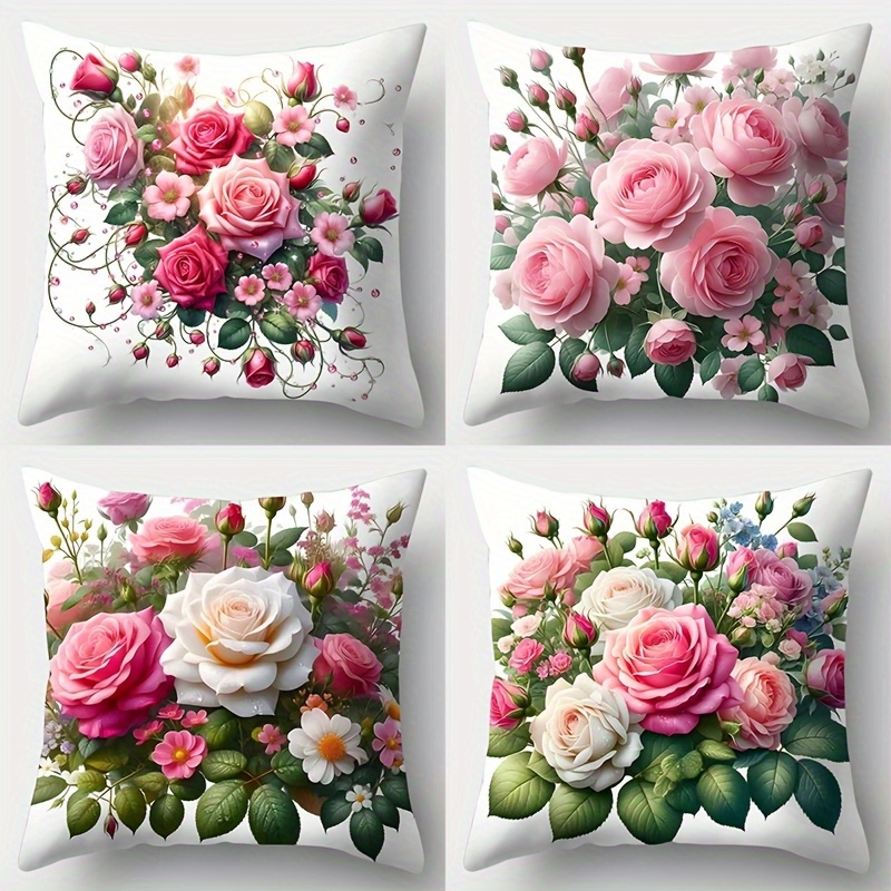 TEMU 4pcs Set, Rose Floral Theme Decorative Pillowcases, Available In Sizes Including 18x18 Inches, Single-sided Print, No Pillow Insert Included,