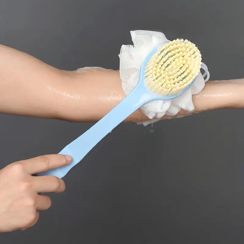 1pc long handle soft bristle bath brush 2 in 1 gentle exfoliating body scrubber massager unscented durable material japanese aesthetic design in pink with yellow bristles for deep massage Product details 7