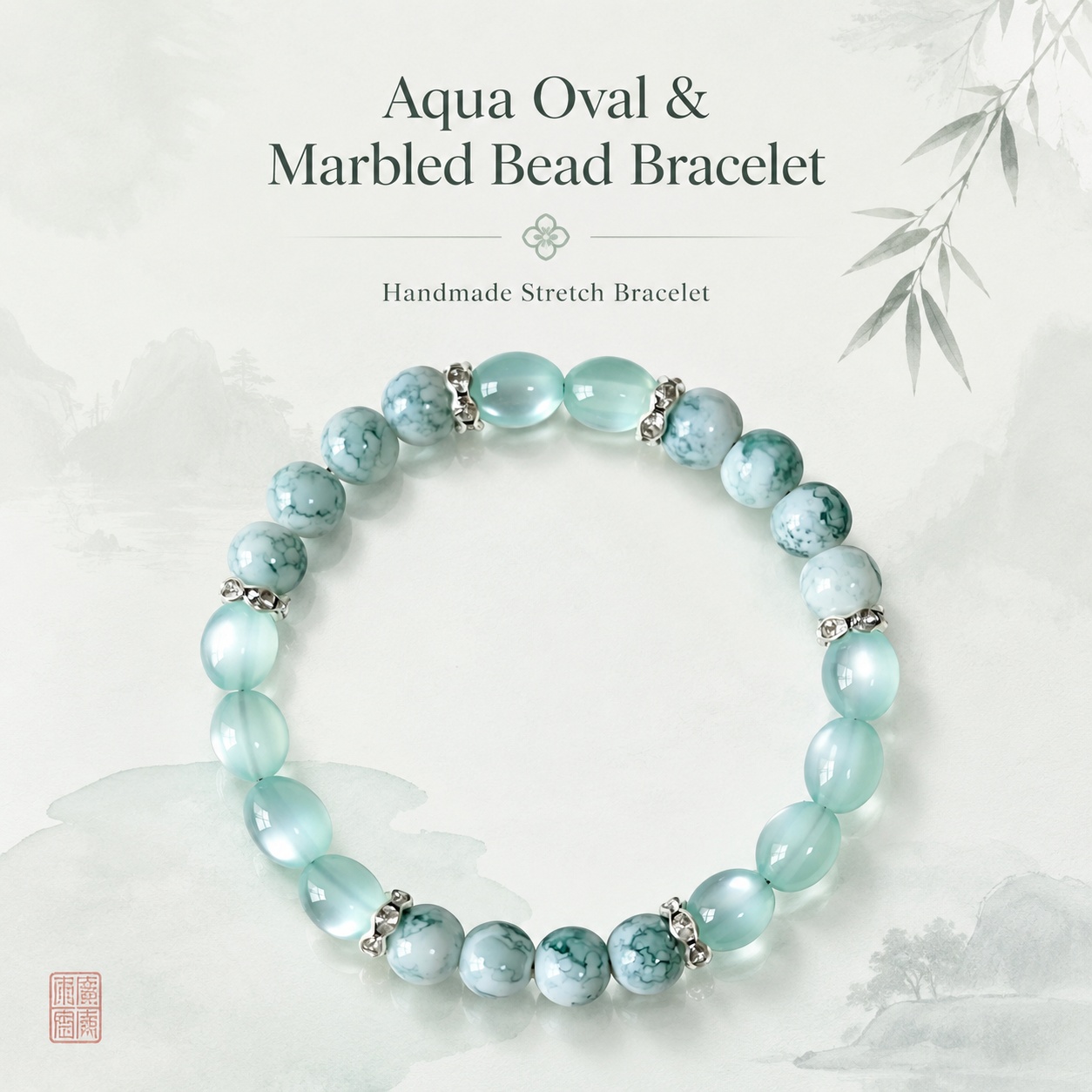 TEMU 1pc Mint Green Stone Bead Bracelet Ink Round Bead Spliced Light Green Oval Bead Silvery Spacer Elastic Bracelet Niche Premium Forest Temperament