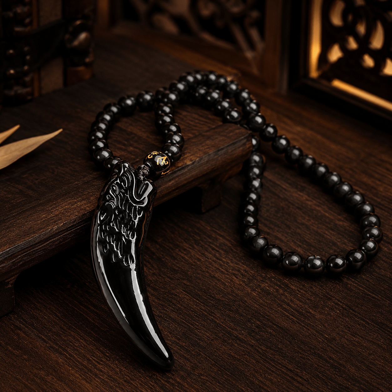 Men's Wolf Tooth Necklace with Carving Pendant & True Word Beads