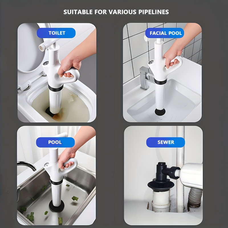 Powerful Drain Pipe Jet Kit, 5 Size Nozzles and Pressure Gauge, No Electricity Needed, Stubborn Toilet/Sink/Shower Clogs, Heavy Duty Durable ABS Tool