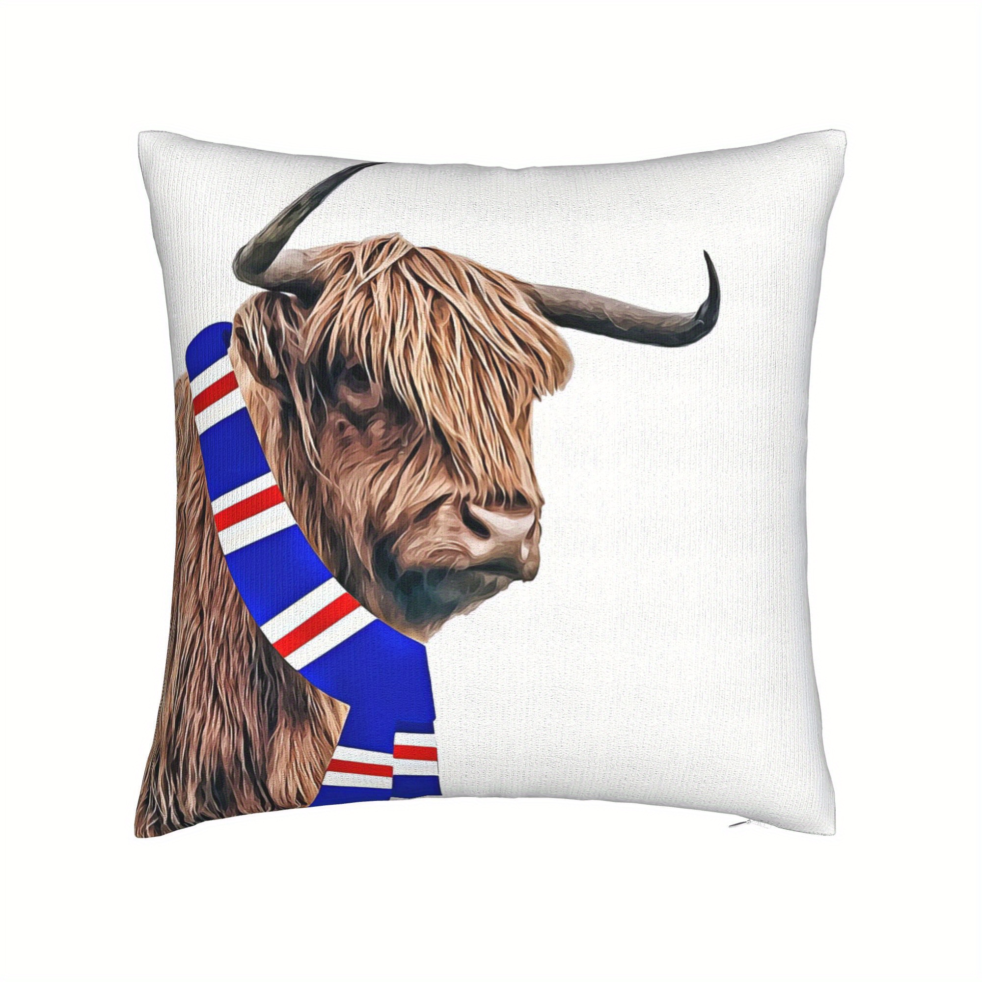 TEMU 2d Flat - Double-sided Rangers Retro Highland Cow Throw Pillow Cover, Soft Short Velvet, Blue And Red Striped Print, 14x14, 16x16, 18x18, 20x20