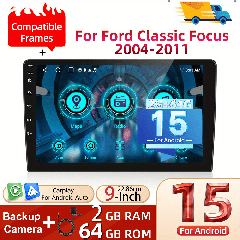 [2g+64g] 15 For Ford 2004-2011 Classic Focus (silver) Double Din Car Stereo With Auto, Podofo 9 Inch Touch Screen 2 Din With , Gps Navi Wifi/ Fm/ Rds Usb/ Swc+backup Camera+mic