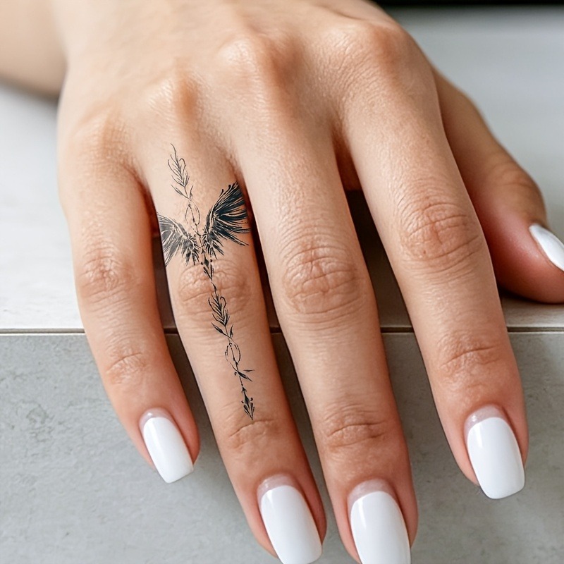 TEMU Tatouage Temporaire à Base de Plantes Flèche de Plume d'Ange en Art Linéaire Délicat, Autocollants de Corps Noirs Imperméables pour Dos, Taille,