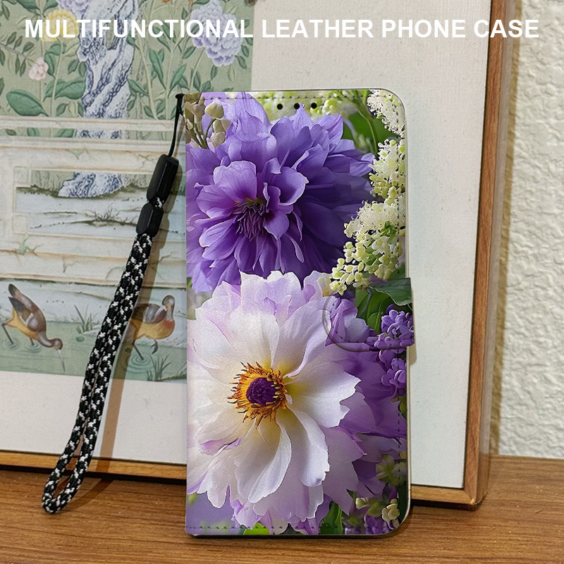TEMU Phone Case: Purple And White Floral Cluster Pattern Magnetic Snap Flip Full-coverage Drop-proof Phone Case, Suitable For Galaxy S26/s26 Edge/s26