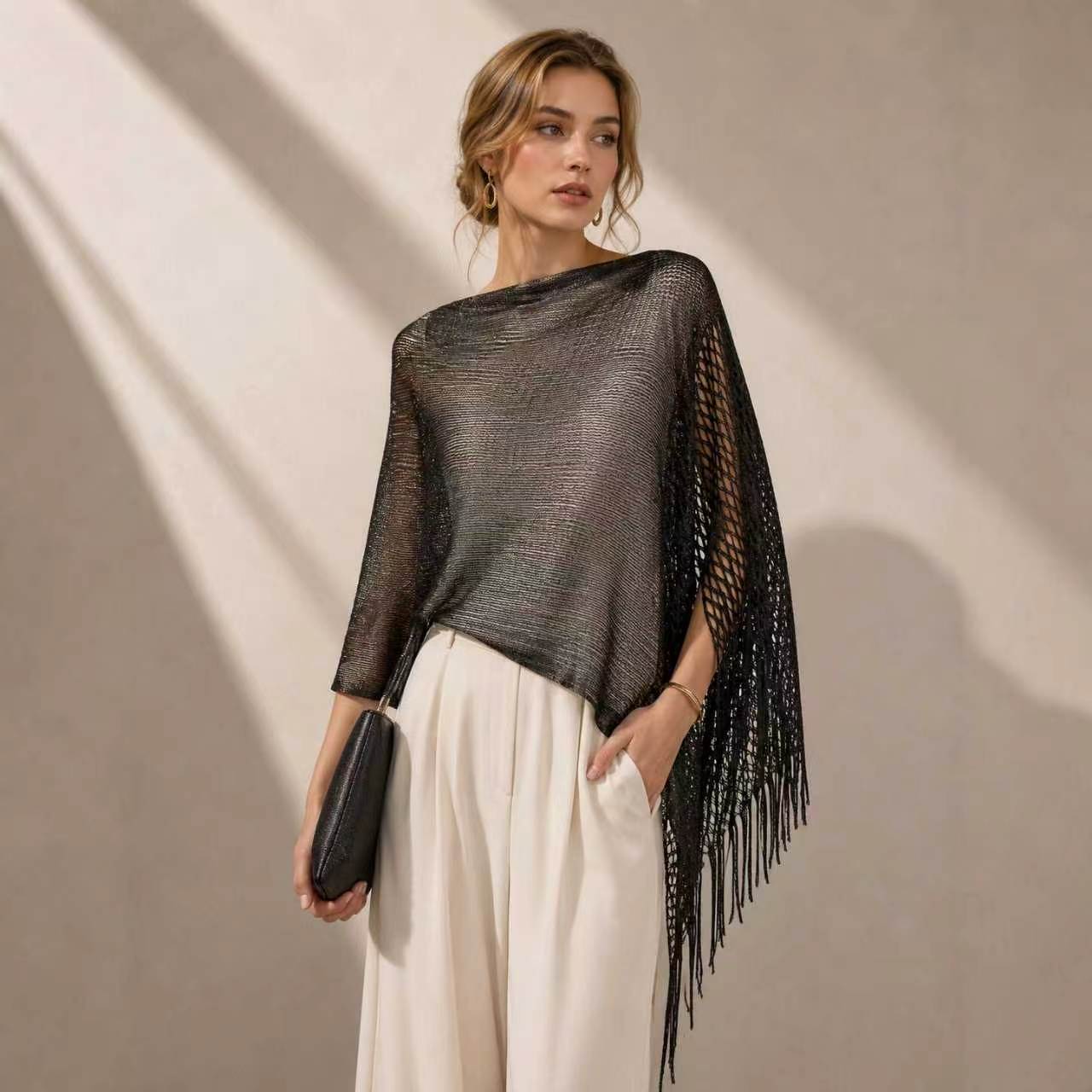TEMU 1pc Chal de borlas huecas para mujer, , Top, bufanda de vacaciones en , ropa de abrigo versátil, adecuada para vacaciones en