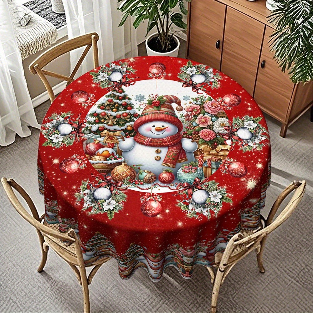 TEMU 1pc - Single-sided Printed Classic Christmas Ball Snowman Pattern Kitchen Tablecloth Round Tablecloth For Parties And Gatherings Tabletop