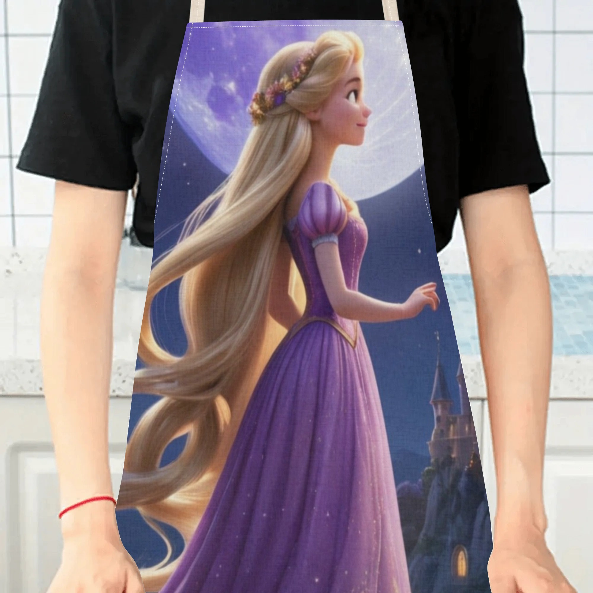   style| disney  -themed waterproof apron |   & elegant purple design with castle & moon illustration |   polyester,   fits all | ideal for hotels, supermarkets, restaurants, fruit shops, milk tea stands, and home use details 3