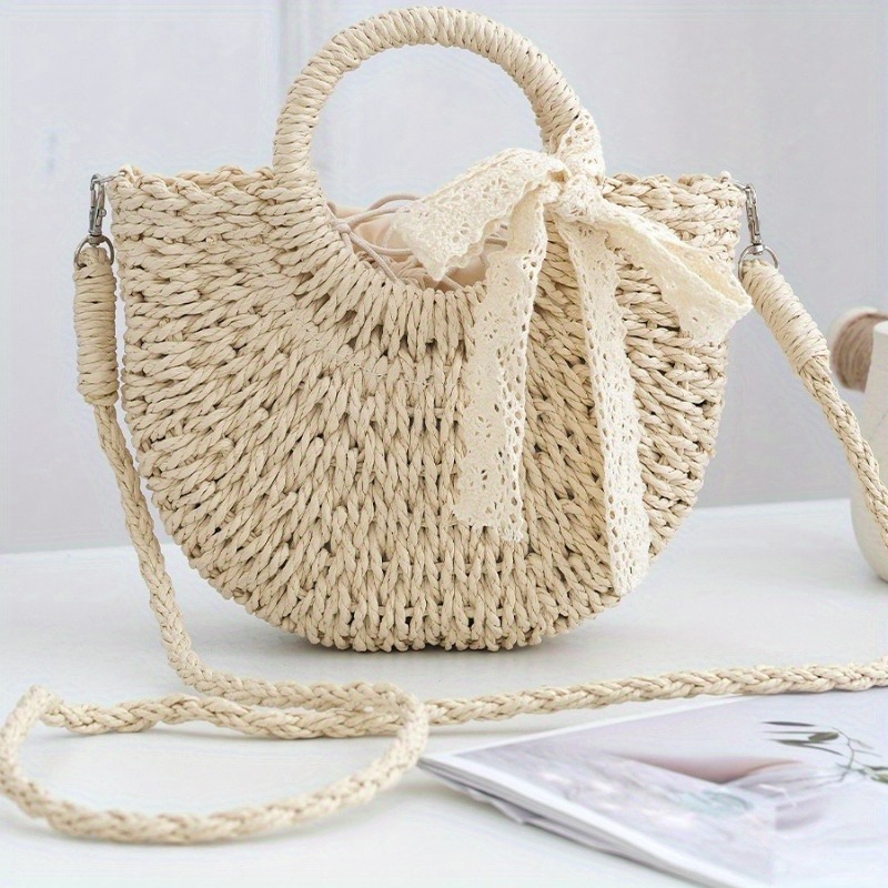TEMU Women's Woven Straw Design Handbag With Bow And Lace Embellishments - Adjustable Drawstring Closure Convertible Crossbody/handbag, Durable Pu