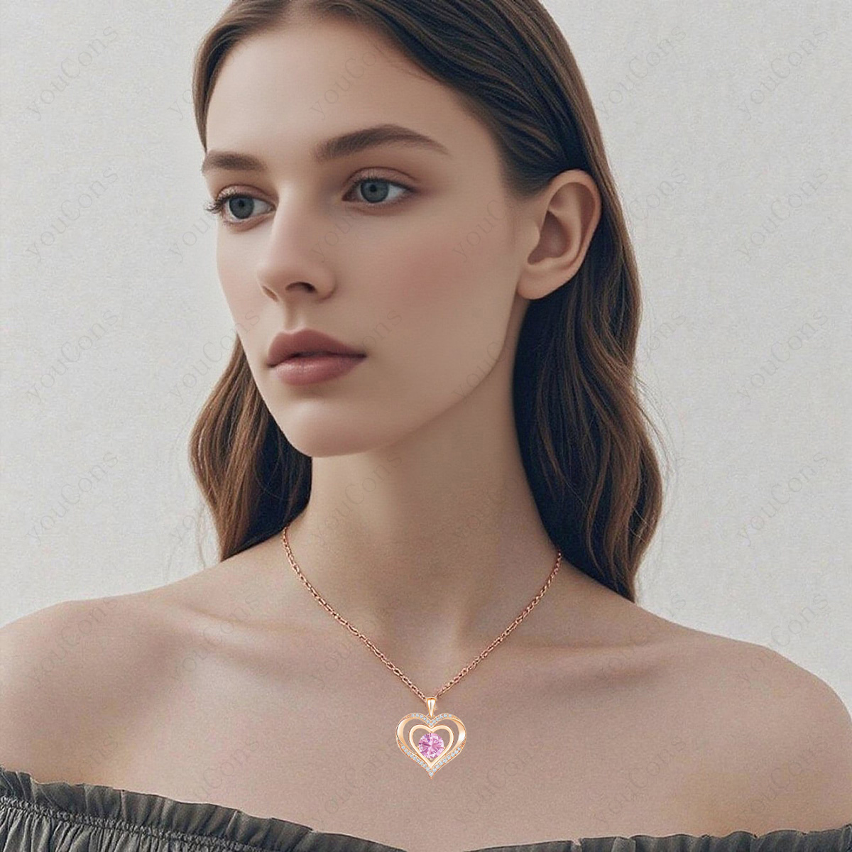 Women's Pink Birthstone Heart Pendant Necklace Gift Set