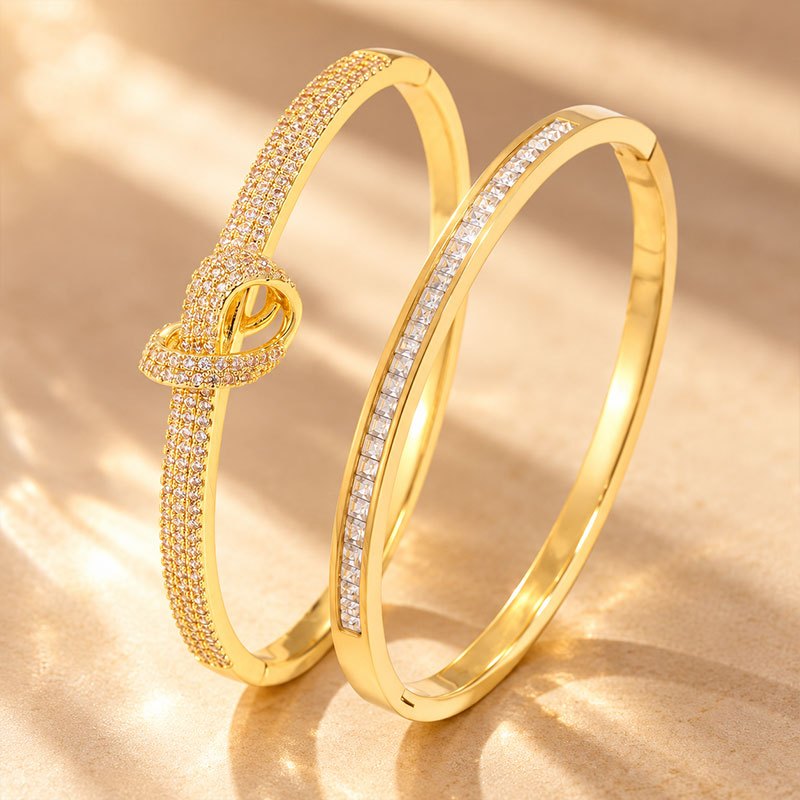 2pcs Women's Knot Full-Pave Zirconia & Channel-Set Bangle Set