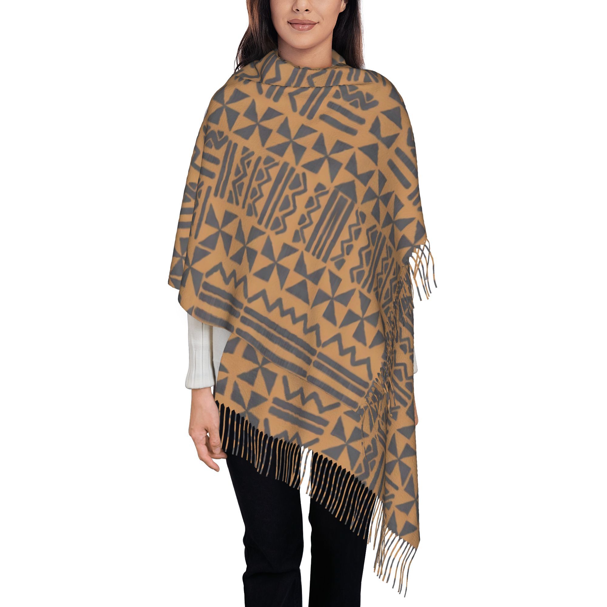 TEMU Tribal Motif Gray Unisex Autumn And Winter Fashionable Tassel Scarf