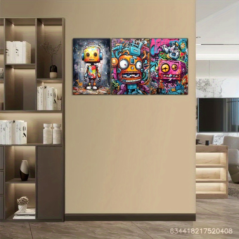 3pcs Framed Canvas Art - Vibrant Graffiti Robot & Space-Themed Wall Decor with Pine Wood Frame, Perfect for Living Room, Bedroom, Cafe, or Bar, Indoor/Outdoor Use, Indoor Wall Decor | Vibrant Wall Art | Wrapped Canvas Frame, Wall Art Decor